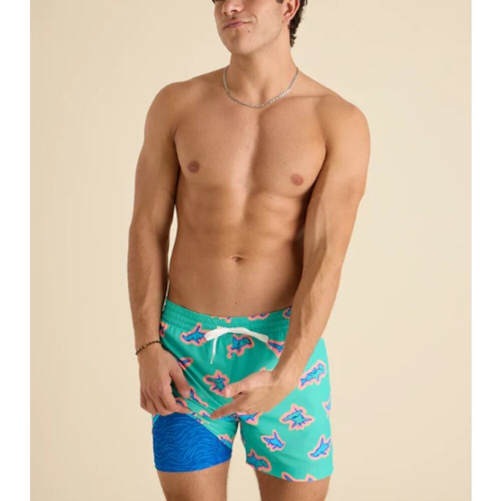 chubbies Teal Swim Trunks with Blue and Pink Starfish Print